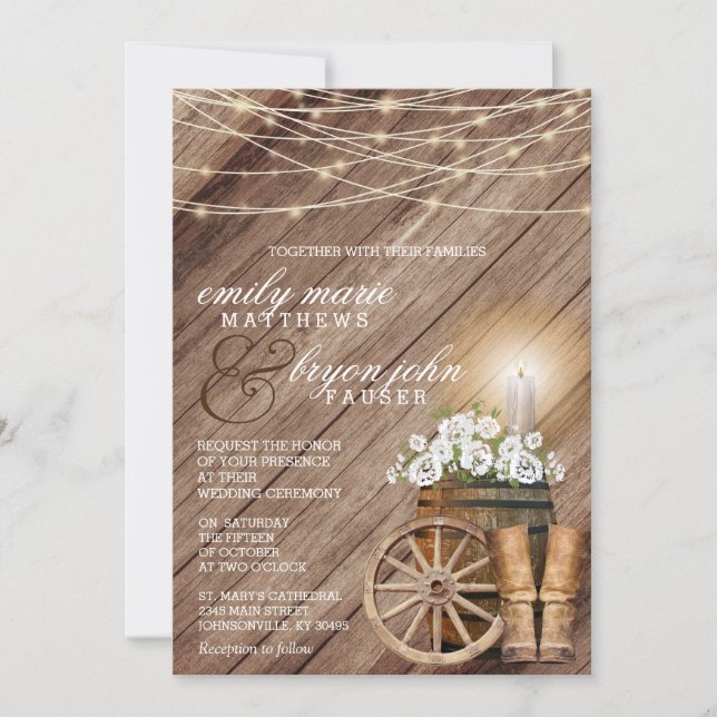 Rustic Country with Wood Barrel and White Floral Invitation (Front)