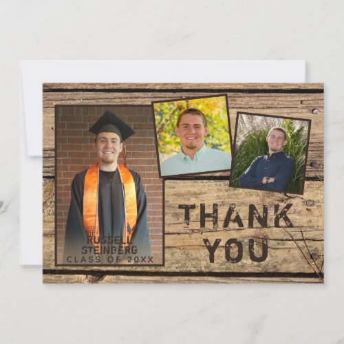 Rustic Country Wood 3 Photo Graduation Thank You Card