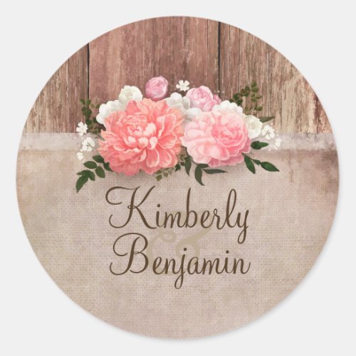 Rustic Country Wood and Burlap Floral Wedding Classic Round Sticker - Pink flowers and rustic wood with burlap country wedding seals