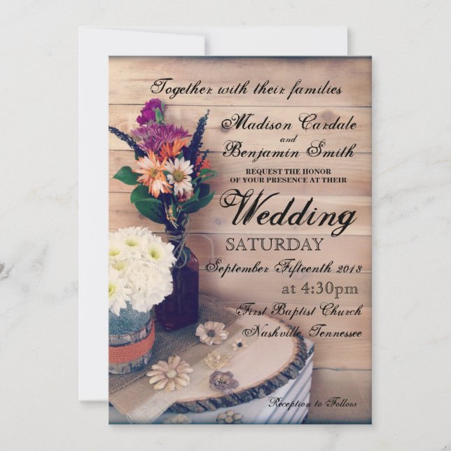 Rustic Country Wood and Flowers Wedding Invitation (Front)
