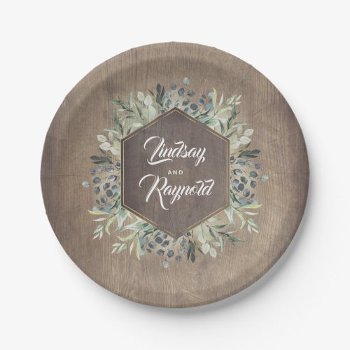 Rustic Country  Wood and Greenery Wedding Paper Plates