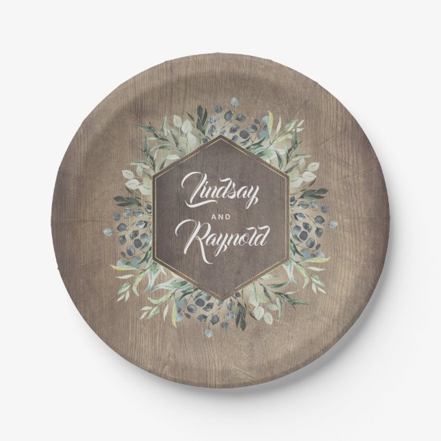Rustic Country | Wood and Greenery Wedding Paper Plates (Front)