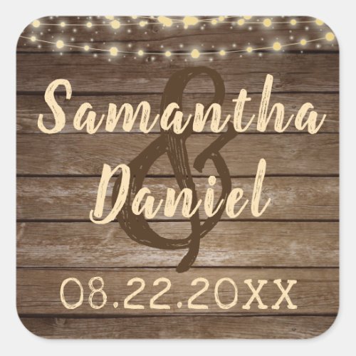 Rustic Country Wood and String Lights Wedding Square Sticker