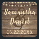 Rustic Country Wood and String Lights Wedding Square Sticker<br><div class="desc">Utilize these rustic wood and glowing yellow string lights for a variety of uses for rustic or country wedding SAVE THE DATE announcements, invitations, thank-you’s and favors. The text font style, color, size and placement can be changed by clicking the "click to customize further" tab. Contact the designer if you'd...</div>