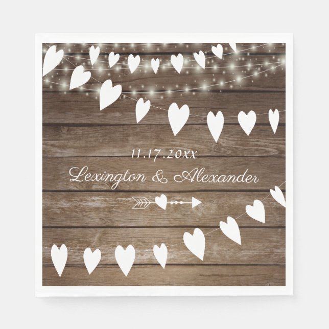 Rustic Country Wood and String Of Lights Wedding Paper Napkins (Front)