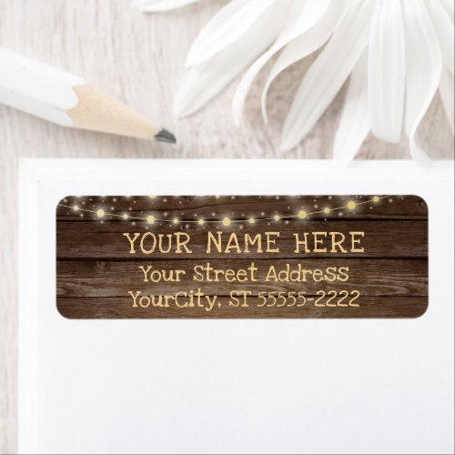 Rustic Country Wood and Yellow String Lights Label