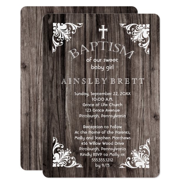 Rustic Country Wood Baby Girl Baptism Invitation