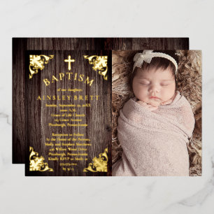 Rustic Country Wood Baby Girl Photo Baptism - Gold Foil Invitation