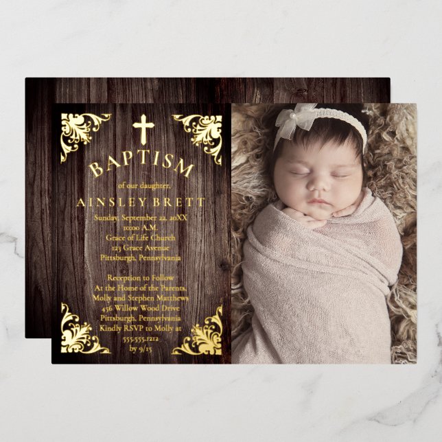 Rustic Country Wood Baby Girl Photo Baptism - Gold Foil Invitation (Front/Back)