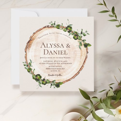 Rustic Country Wood Bark Green Botanical Custom Invitation