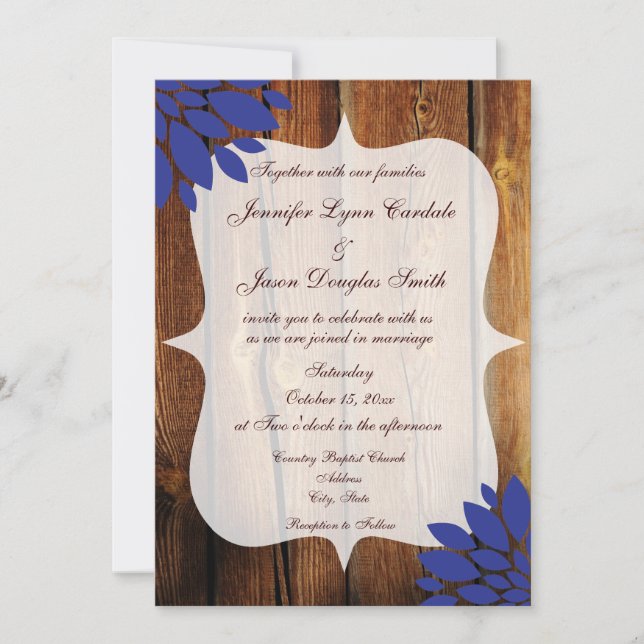 Rustic Country Wood Blue Flower Wedding Invitation (Front)