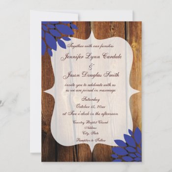 Rustic Country Wood Blue Flower Wedding Invitation by CustomWeddingSets at Zazzle