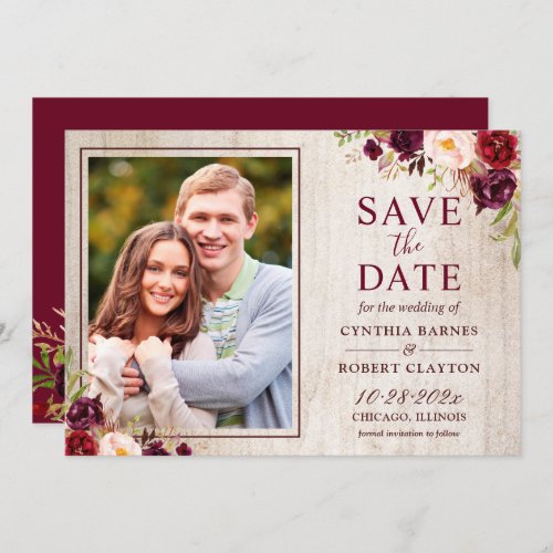 Rustic Country Wood Burgundy Red Floral Photo Save The Date - Rustic Country Wood Burgundy Red Floral Photo Save the Date Card. 
(1) For further customization, please click the "customize further" link and use our design tool to modify this template. 
(2) If you prefer Thicker papers / Matte Finish, you may consider to choose the Matte Paper Type.