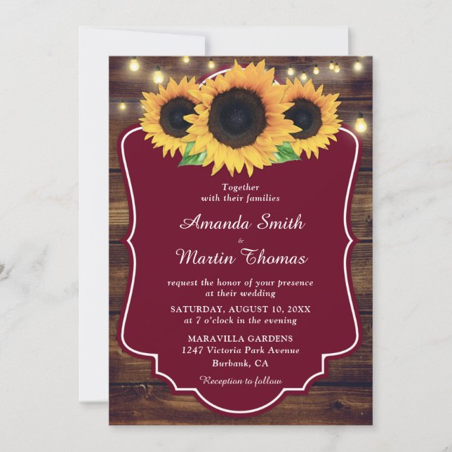 Rustic Country Wood Burgundy Sunflower Wedding Invitation (Front)