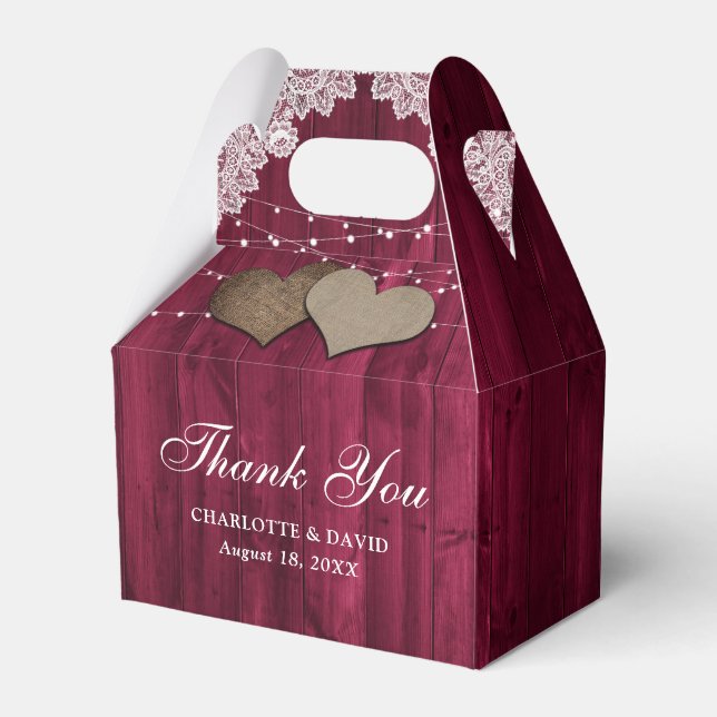 Rustic Country Wood Burgundy Wedding Thank You Favor Boxes (Front Side)