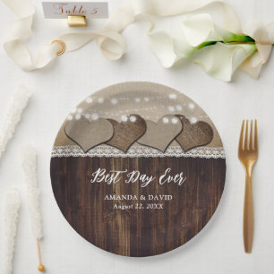 Rustic Country Wood Burlap and Lace Wedding Paper Plates