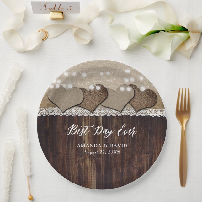 Rustic Country Wood Burlap and Lace Wedding Paper Plates (Wedding)