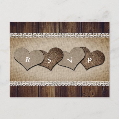 Rustic Country Wood Burlap and Lace Wedding RSVP Invitation Postcard