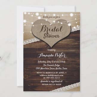 Rustic Country Wood Burlap Lace Bridal Shower Invitation