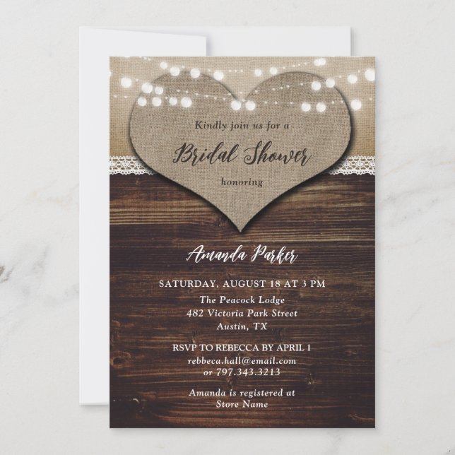 Rustic Country Wood Burlap Lace Bridal Shower Invitation (Front)