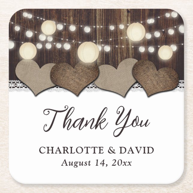 Rustic Country Wood Burlap Lace Lantern Wedding Square Paper Coaster (Front)