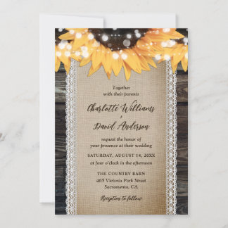 Rustic Country Wood Burlap Lace Sunflower Wedding Invitation