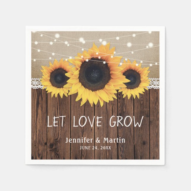 Rustic Country Wood Burlap Lace Sunflower Wedding Napkins (Front)