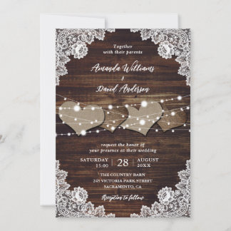 Rustic Country Wood Burlap Lace Wedding Invitation