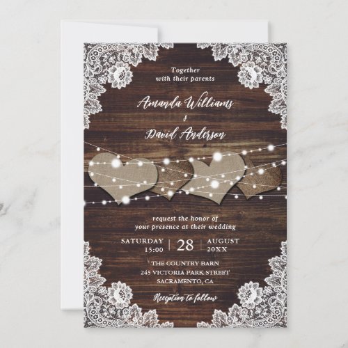 Rustic Country Wood Burlap Lace Wedding Invitation