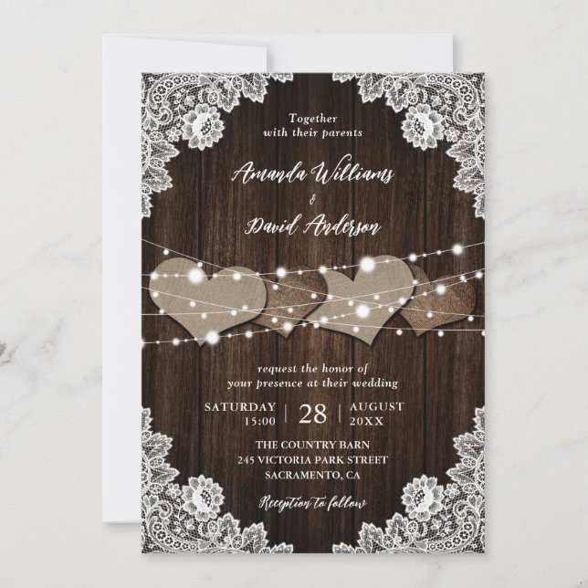 Rustic Country Wood Burlap Lace Wedding Invitation (Front)