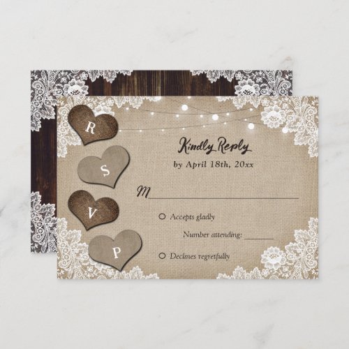 Rustic Country Wood Burlap Lace Wedding RSVP