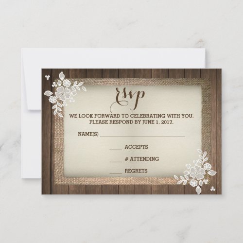 Rustic Country Wood Burlap Lace Wedding RSVP Card