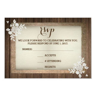 Rustic Country Wood Burlap Lace Wedding RSVP Card