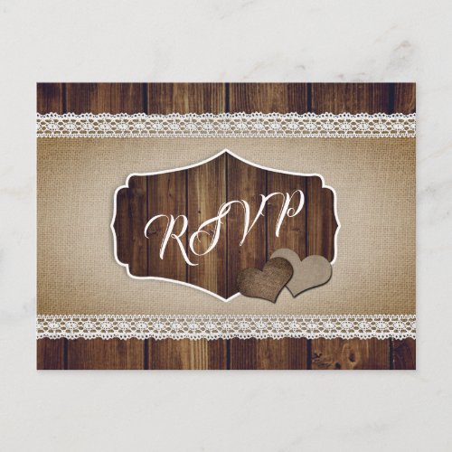 Rustic Country Wood Burlap Lace Wedding RSVP Postcard