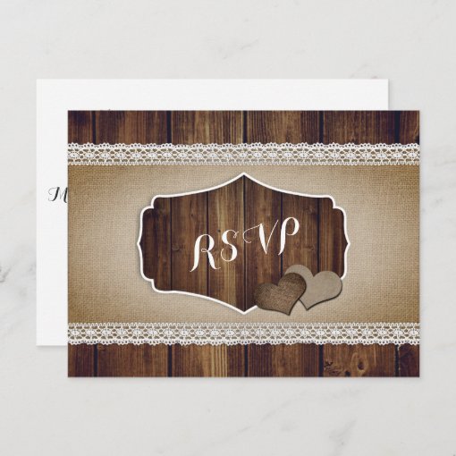 Rustic Country Wood Burlap Lace Wedding Rsvp Postcard Zazzle