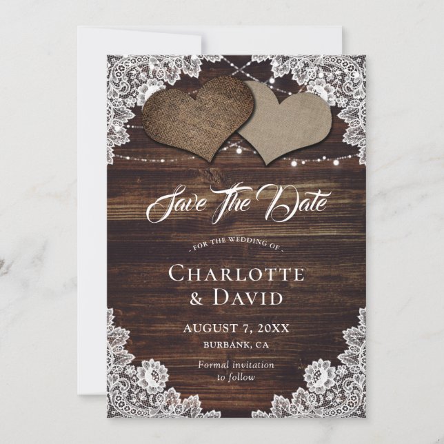 Rustic Country Wood Burlap Lace Wedding Save The Date (Front)