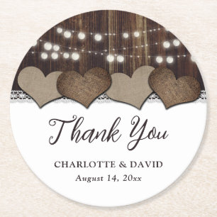 Rustic Country Wood Burlap Lace Wedding Thank You Round Paper Coaster