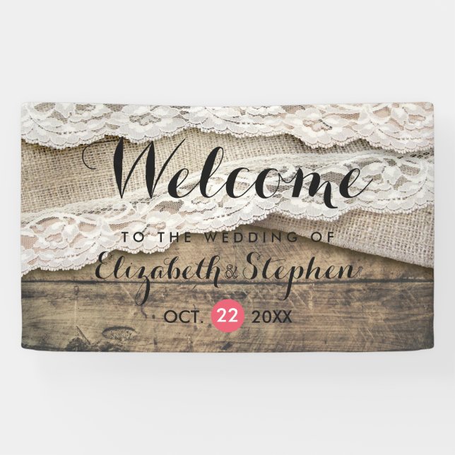 Rustic Country Wood Burlap Lace Wedding Welcome Banner (Horizontal)
