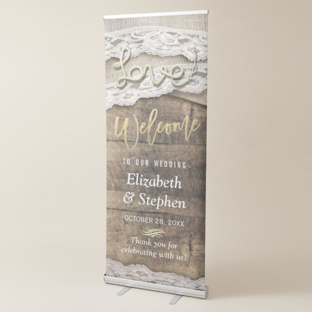 Rustic Country Wood Burlap Lace Wedding Welcome Retractable Banner (3/4)