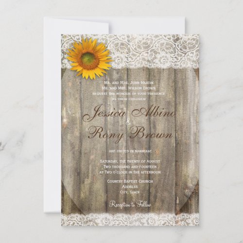 Rustic Country Wood Canvas Lace Sun Flower Invitation