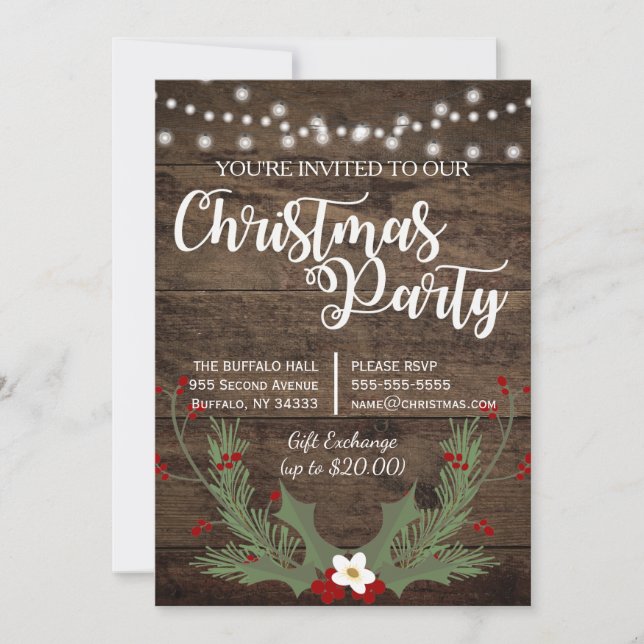Rustic Country Wood Christmas Red Holly Invitation (Front)