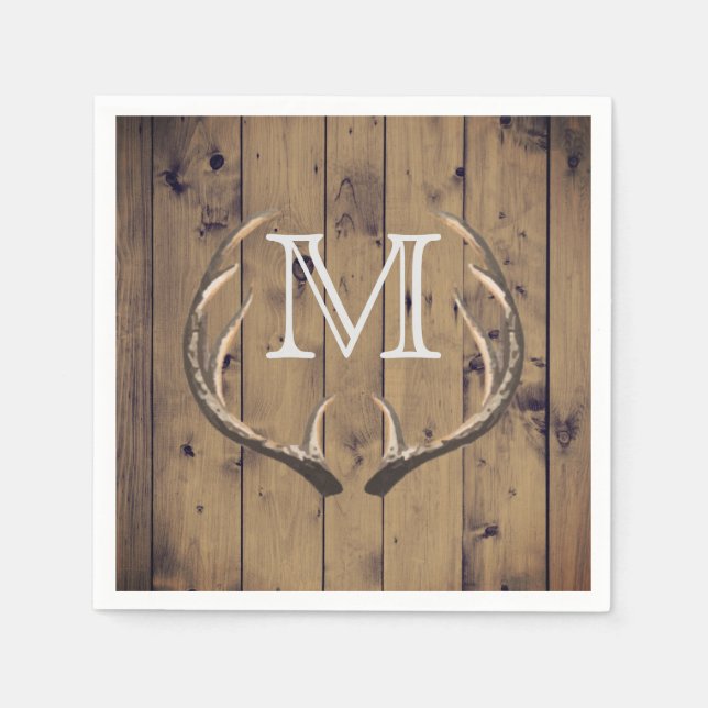 Rustic Country Wood Deer Antlers Monogram Paper Napkins (Front)