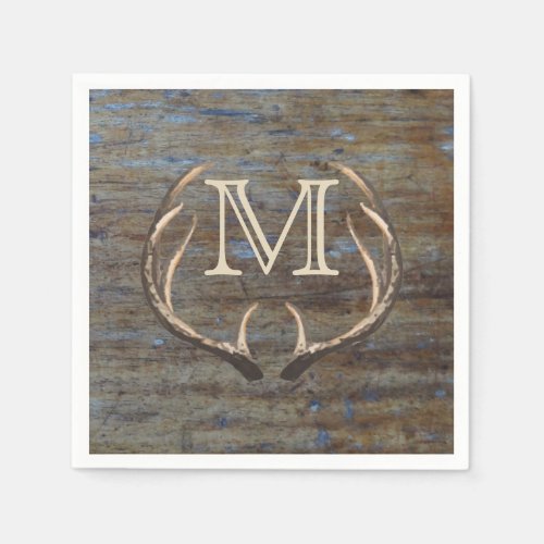 Rustic Country Wood Deer Antlers Monogram Paper Napkins