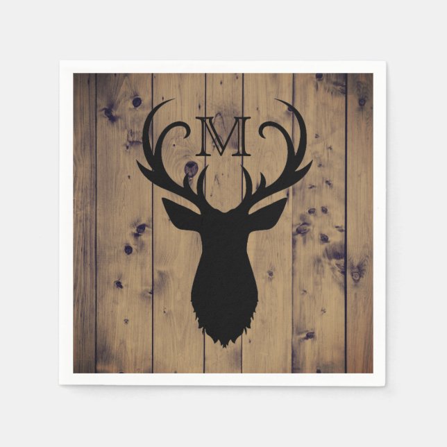 Rustic Country Wood Deer Head Antlers Monogram Napkins (Front)