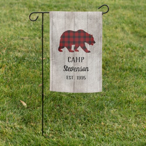 Rustic Country Wood Family Camp Buffalo Plaid Bear Garden Flag