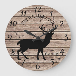 Rustic Country Wood Farmhouse Deer with Antlers Large Clock