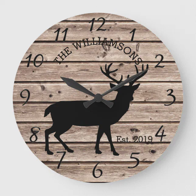 Rustic Country Wood Farmhouse Deer with Antlers Large Clock | Zazzle