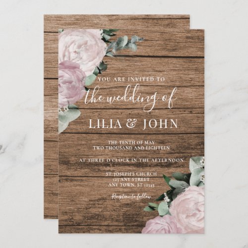 Rustic Country Wood Floral Blush Rose Wedding Invitation
