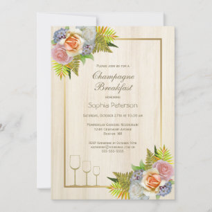Rustic Country Wood Floral Champagne Breakfast Invitation