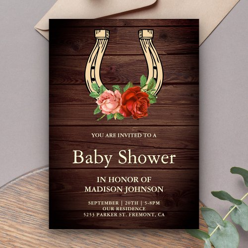 Rustic Country Wood Floral Horseshoe Baby Shower Invitation
